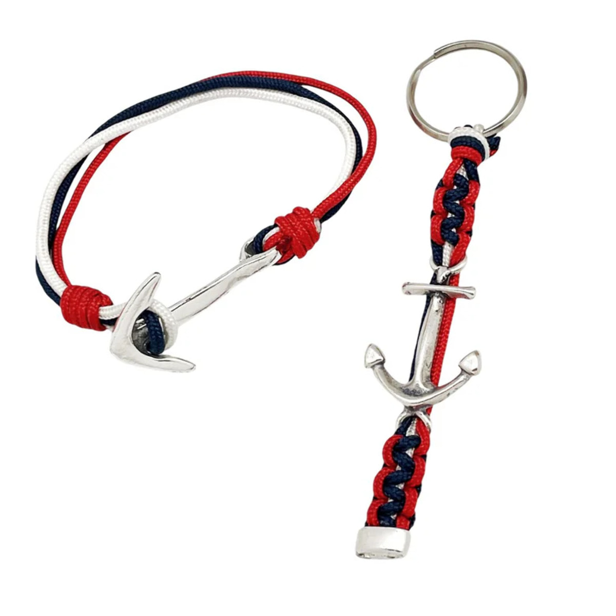 Conjunto pulsera y llavero Marinero nudo serpiente en paracord rojo-azul-blanco