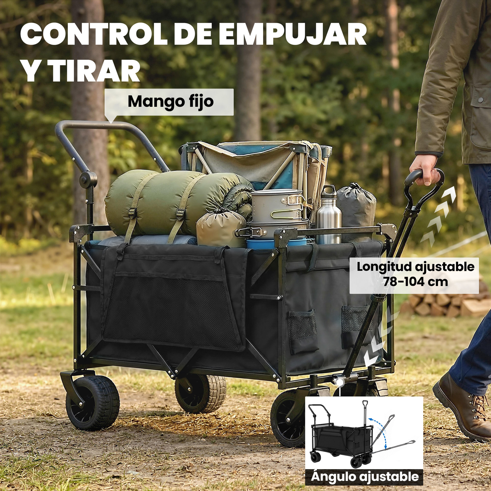 Carro Playa con Ruedas Grandes con Freno, Techo Extraíble, Carro Plegable para Jardín con Barra Ajustable, Portavasos y Bolsillos, Carga 100 kg, para Todo Terreno, Campaña, Compras, Negro