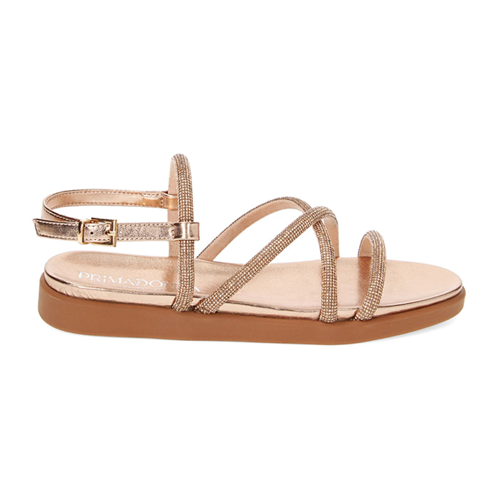 Sandali bassi rosa-oro in laminato con pietre