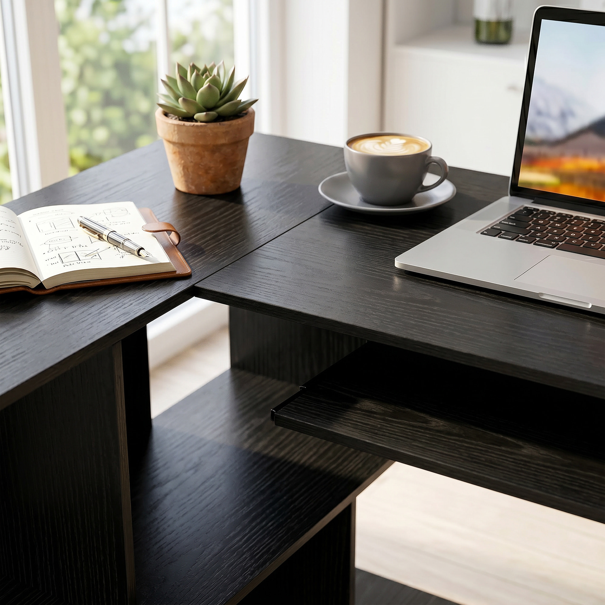 Bureau informatique - bureau d'angle 120 x 100 cm - tablette coulissante clavier, 4 niches - effet bois noir