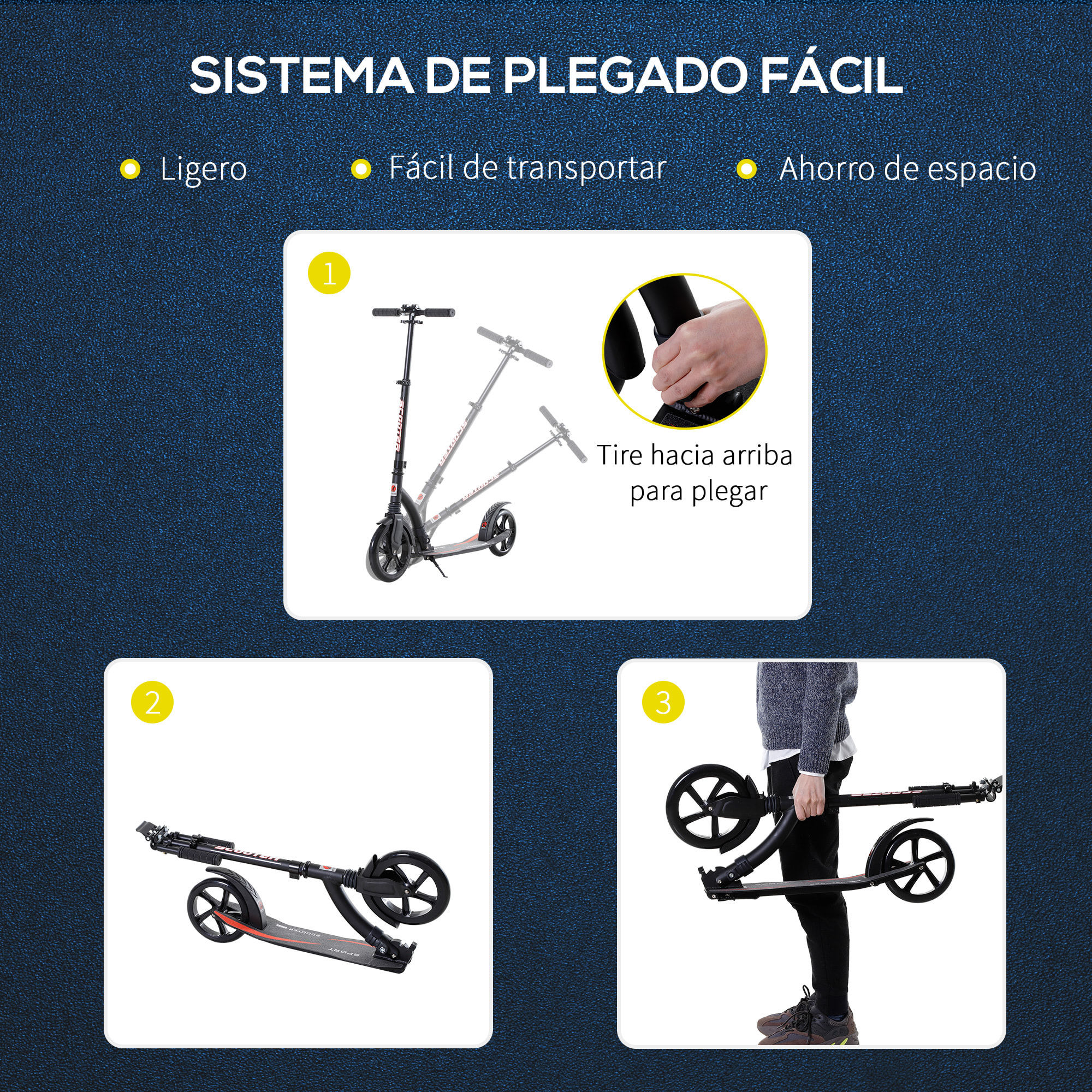 Patinete Plegable 2 Ruedas Altura Ajustable Aluminio Niños Adultos 100 kg Negro