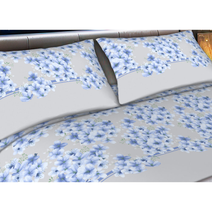 Completo Lenzuola in Flanella Morbida e Calda Made In Italy disegno Fiorellino Colore Azzurro