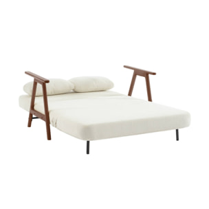 Banquette canapé convertible 2 places bois d'hévéa teinté noyer clair et bouclette texturée blanche L 133 x P 81 x 84cm - Sven