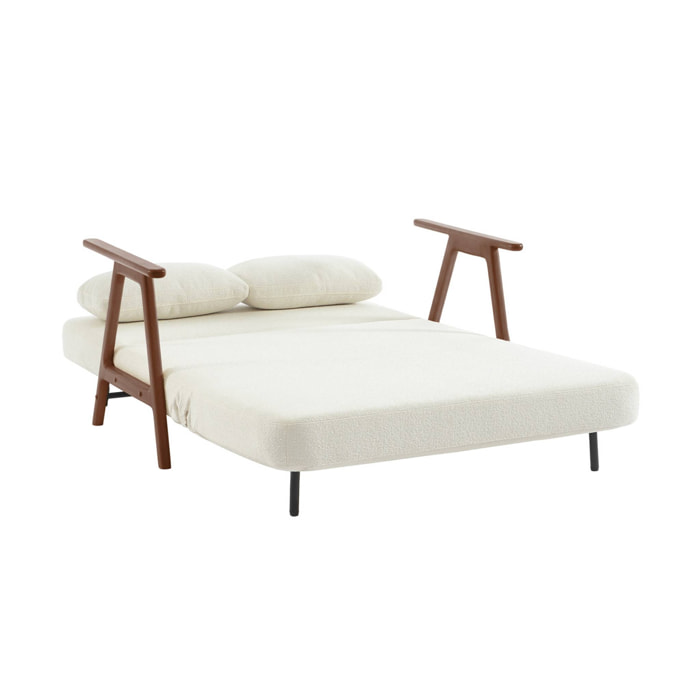 Banquette canapé convertible 2 places bois d'hévéa teinté noyer clair et bouclette texturée blanche L 133 x P 81 x 84cm - Sven