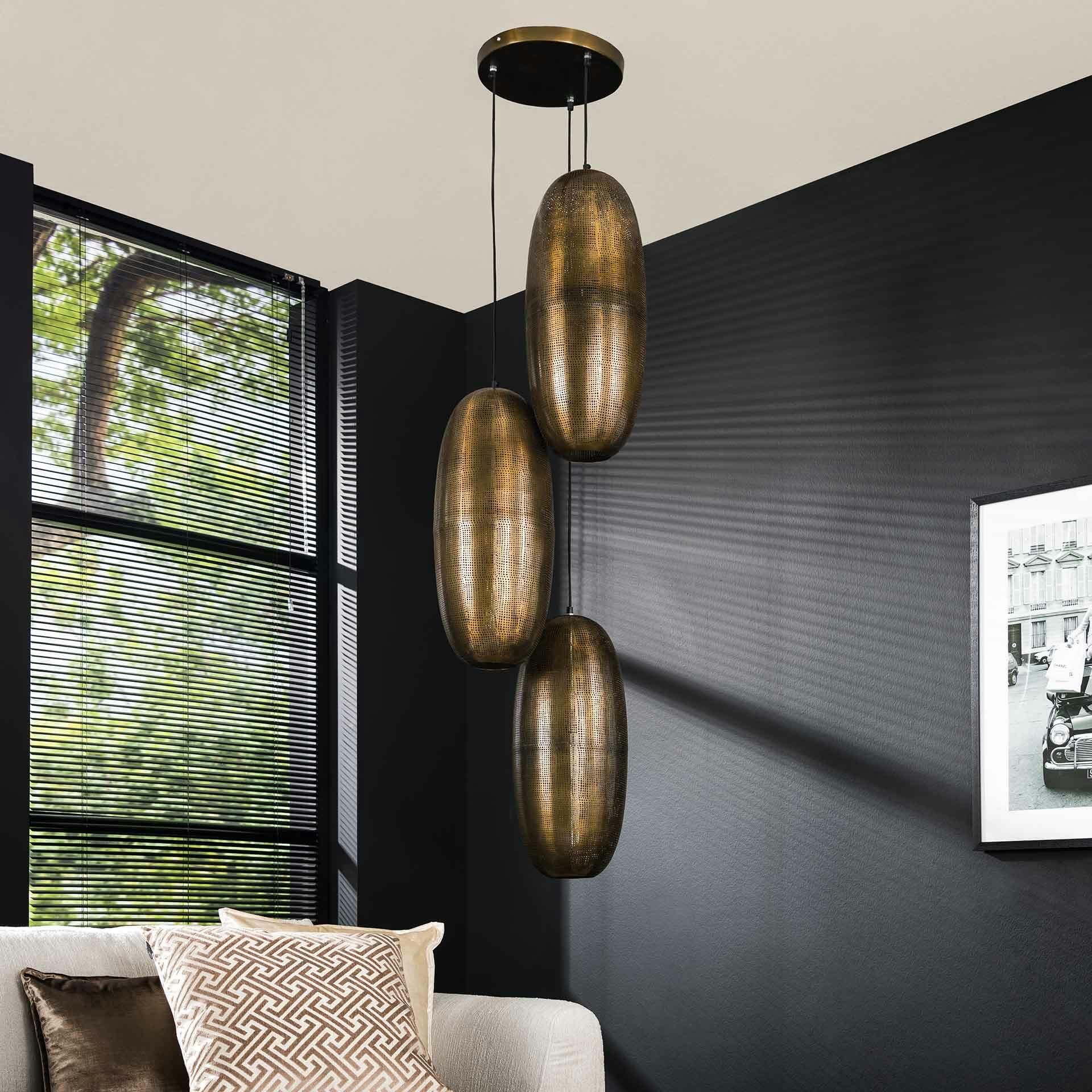 Suspension vintage 3 lampes cuivrées forme ellipse RALF