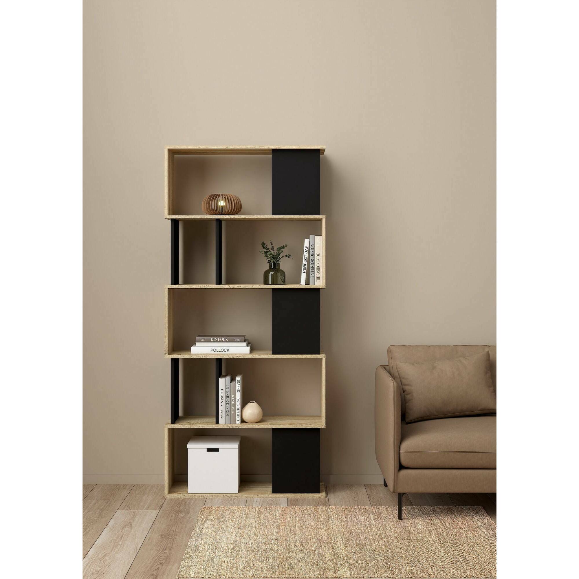 Libreria con cinque ripiani asimmetrici, colore rovere e nero, Misure 80 x 175 x 29 cm