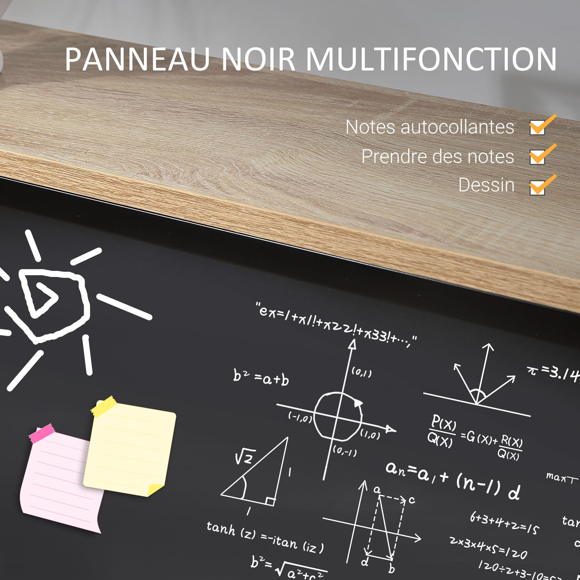 Bureau informatique design industriel 4 étagères grand plateau et panneau noir métal aspect chêne clair