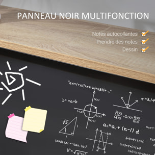 Bureau informatique design industriel 4 étagères grand plateau et panneau noir métal aspect chêne clair