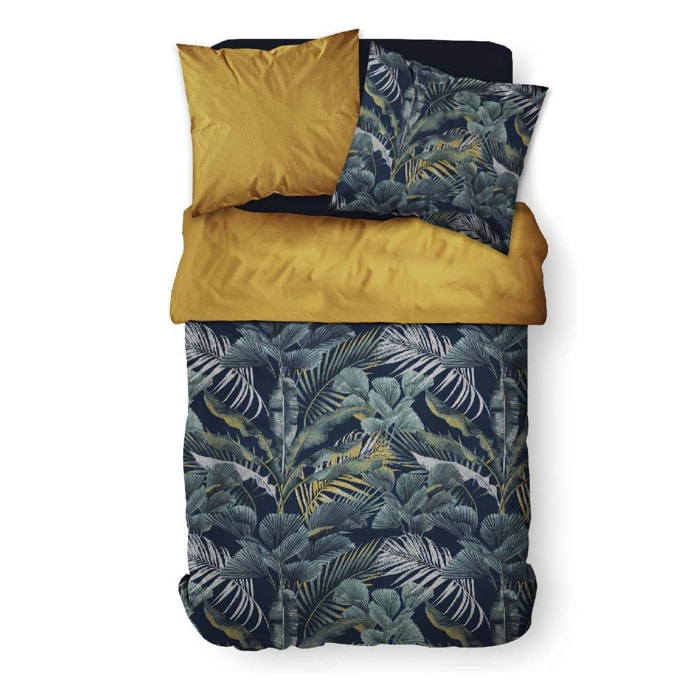Parure de lit coton 2 personnes imprimé jungle SUNSHINE bleu
