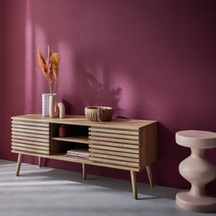 Meuble TV scandinave décor bois rainuré 2 portes 120cm MADERE