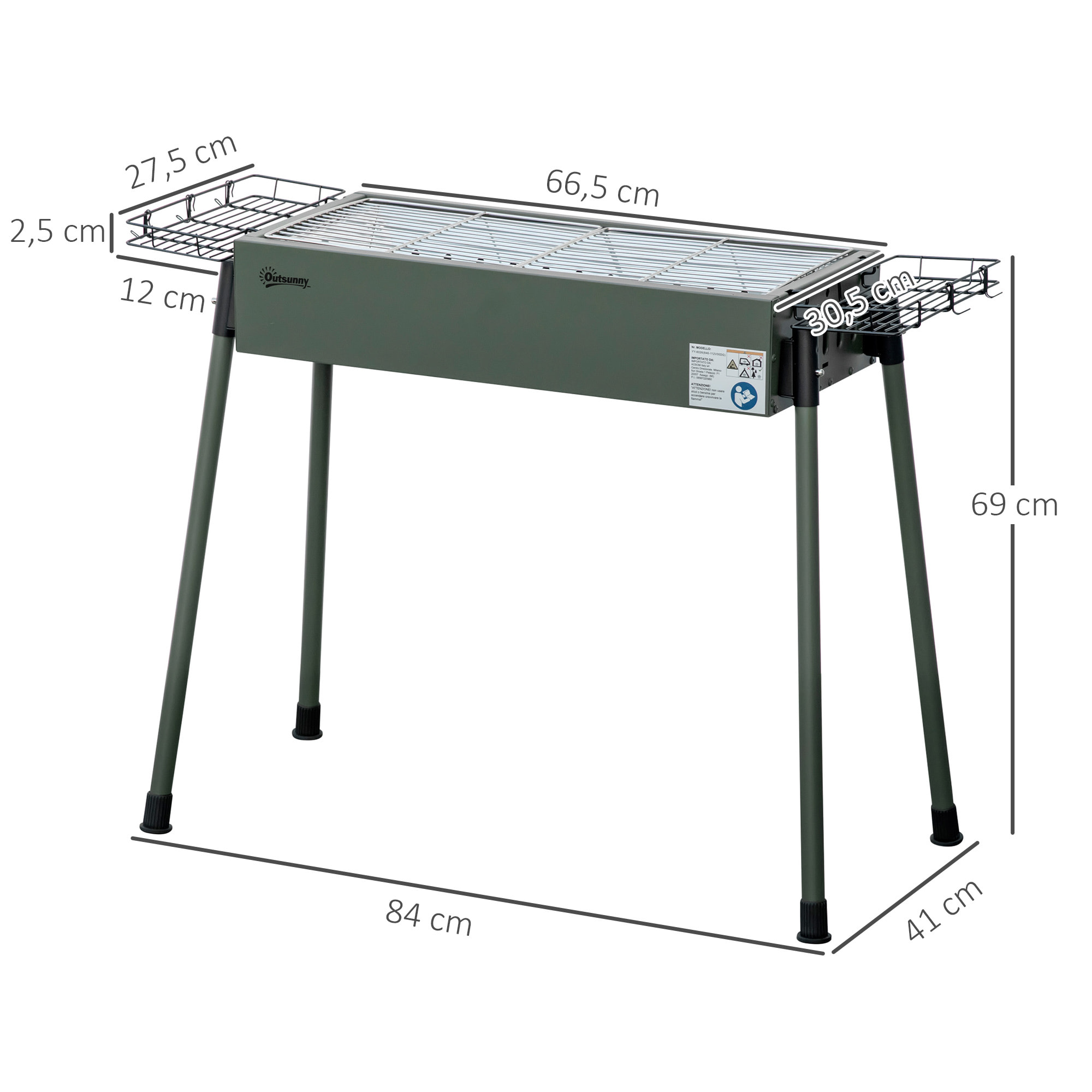 Barbecue à charbon portable - 2 grilles, 2 paniers latéraux - dim. 77L x 30l x 70H cm - acier émaillé vert