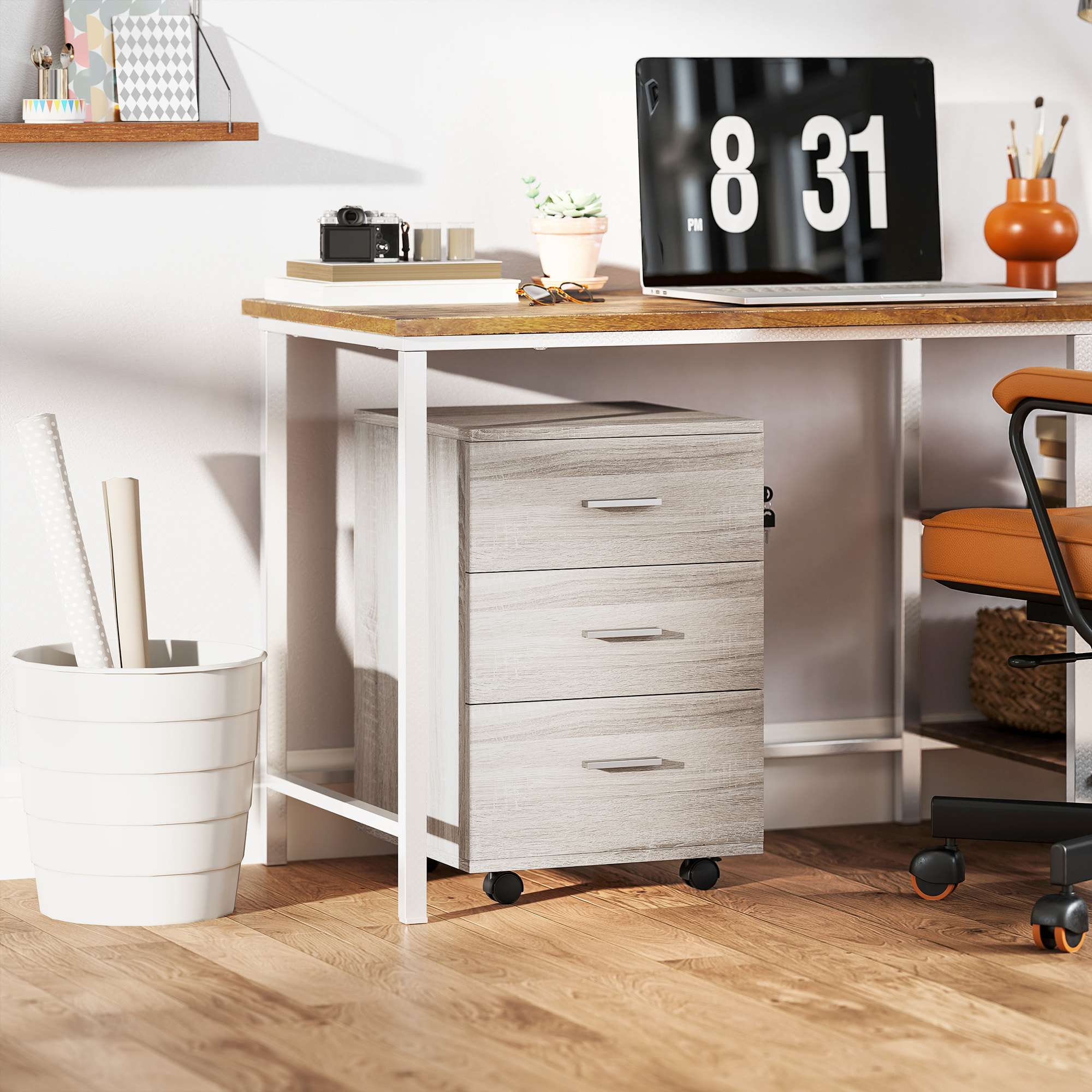 Cajonera de Escritorio con 3 Cajones, Cajonera de Oficina con Ruedas, Cerradura, 2 Llaves, Archivador Móvil, para Estudio, Salón, 40x40x61,5 cm, Gris