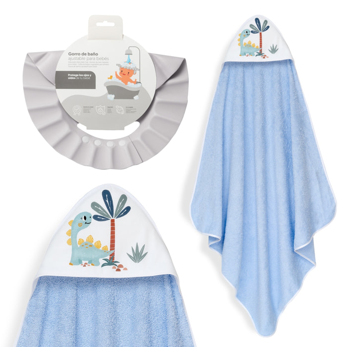 Capa Baño 1X1 Mod Estampado Dinosaurio Palmera+Gorro Azul