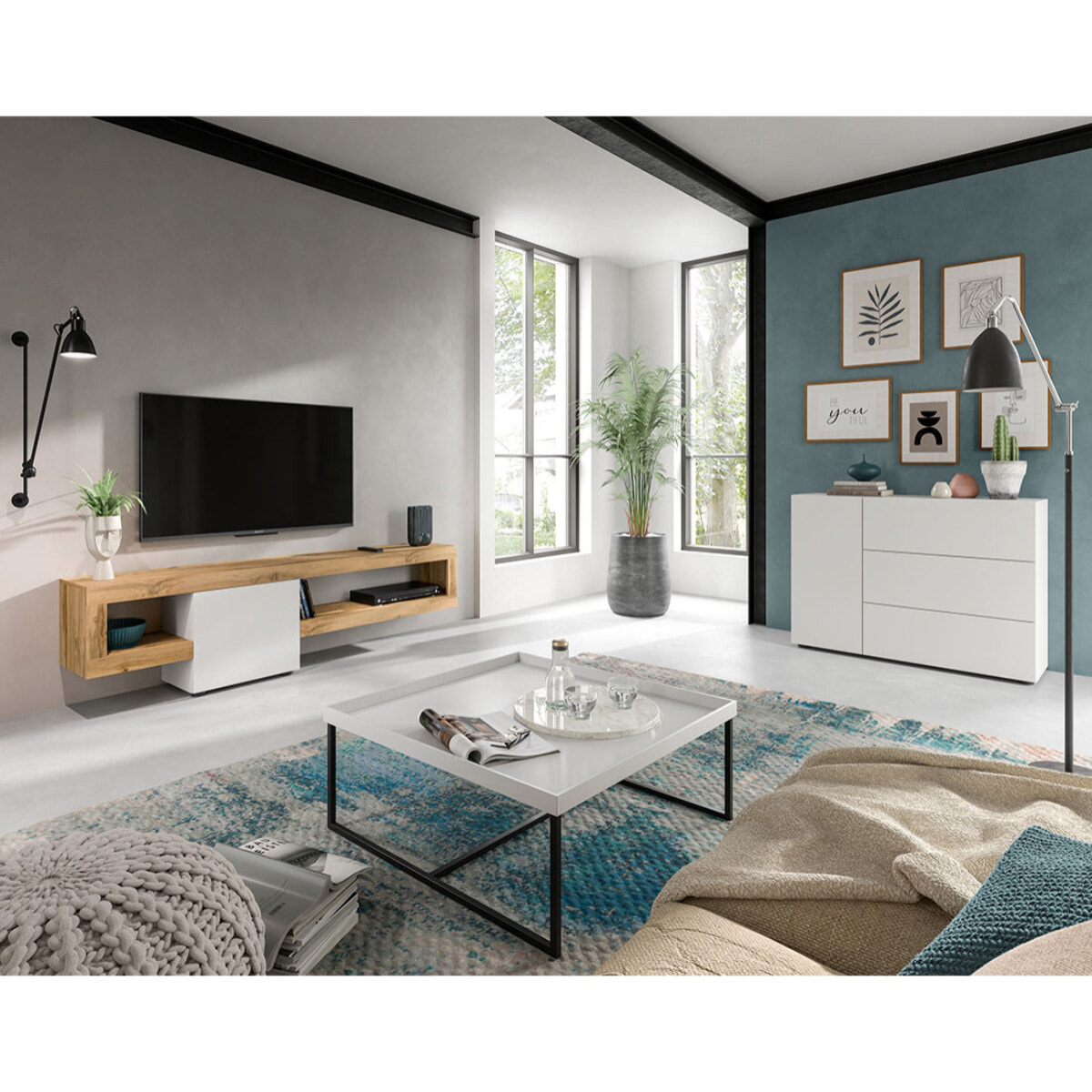 Ned - meuble tv suspendu - 1 porte et 1 étagère - bois et blanc - 190 cm - Bois / Blanc