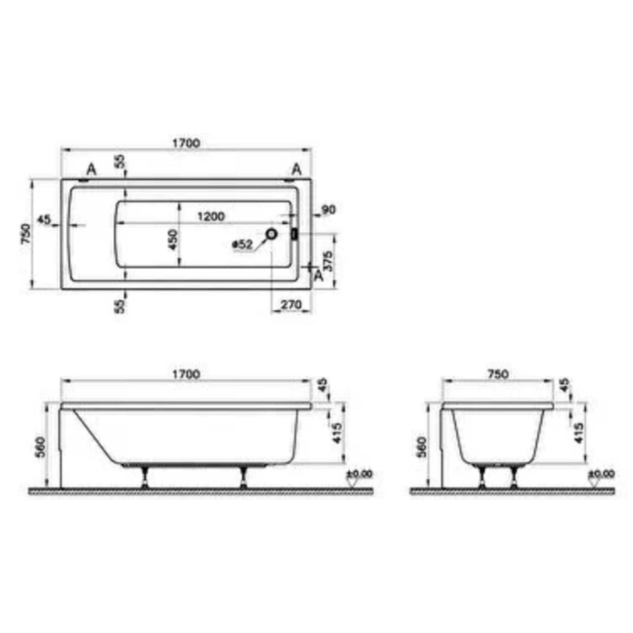Baignoire rectangulaire VITRA Neon avec pied 180x80cm Blanc