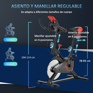 Bicicleta Estática Ciclo Indoor con Pantalla LCD Pulsómetro Sillín y Manillar Ajustables en Altura Volante de Inercia de 6 kg y Resistencia Regulable 85x46x114 cm Negro y Rojo
