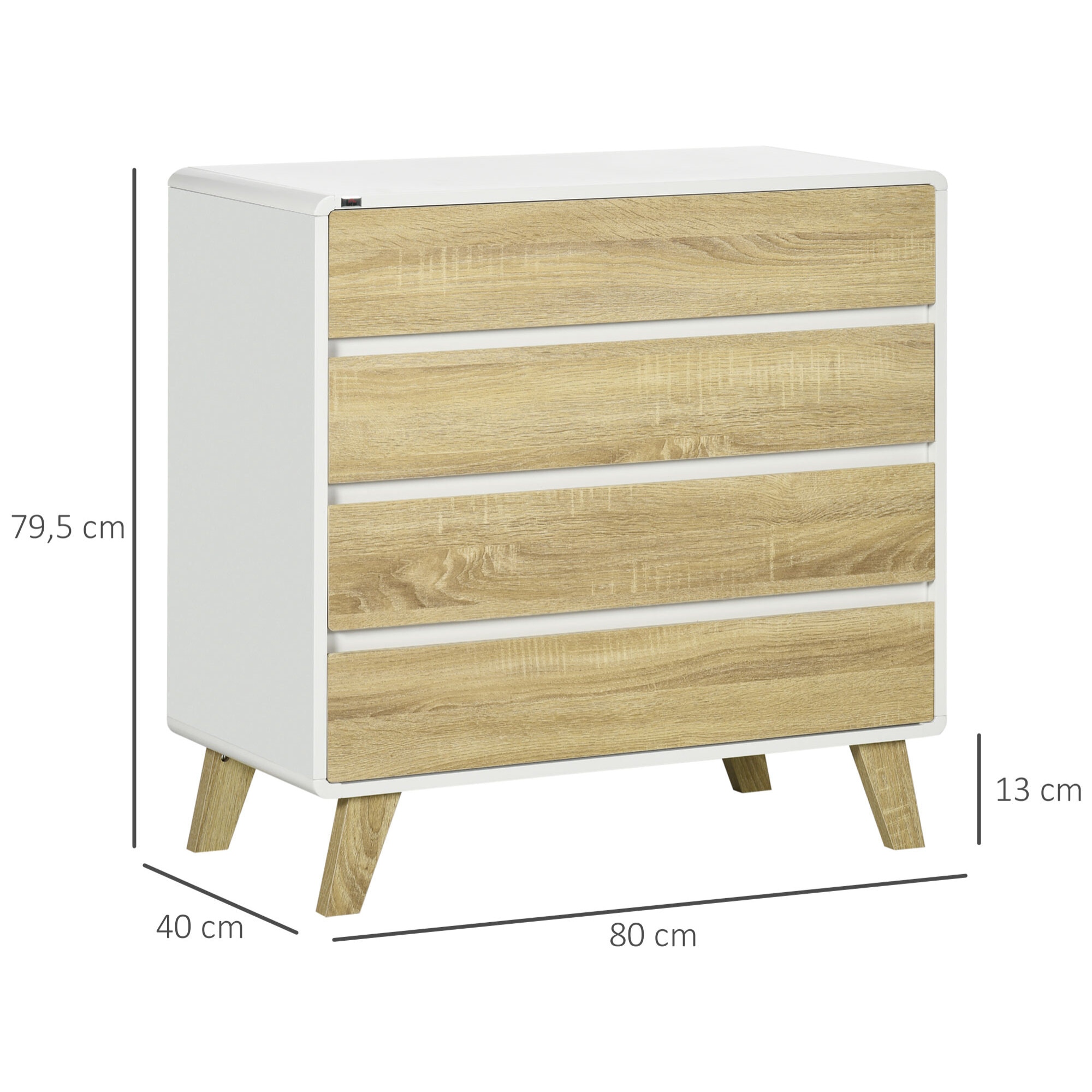 Commode design scandinave - 4 tiroirs - MDF panneaux blanc aspect chêne clair