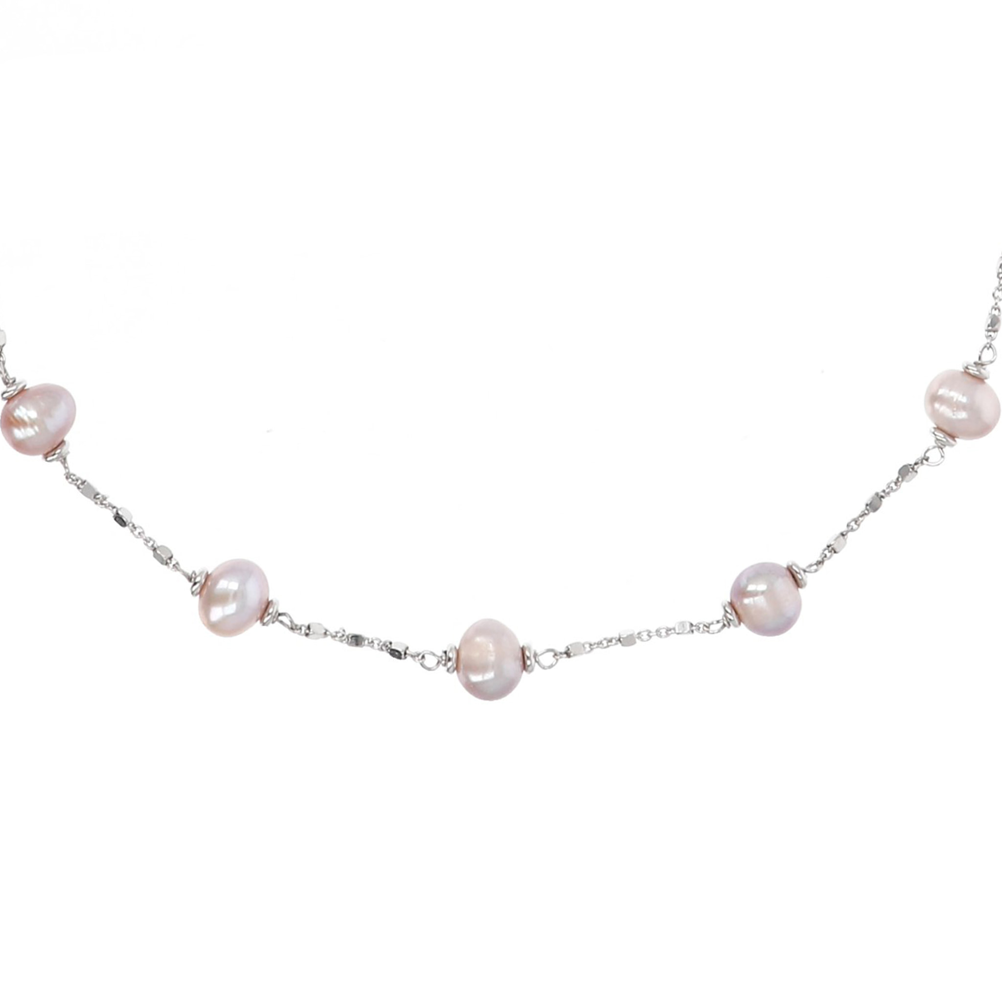 PERLAVIVA - Collana Catena a Cubetti in Argento 925 con Perle d'Acqua Dolce Rosa Ø 6/8 mm