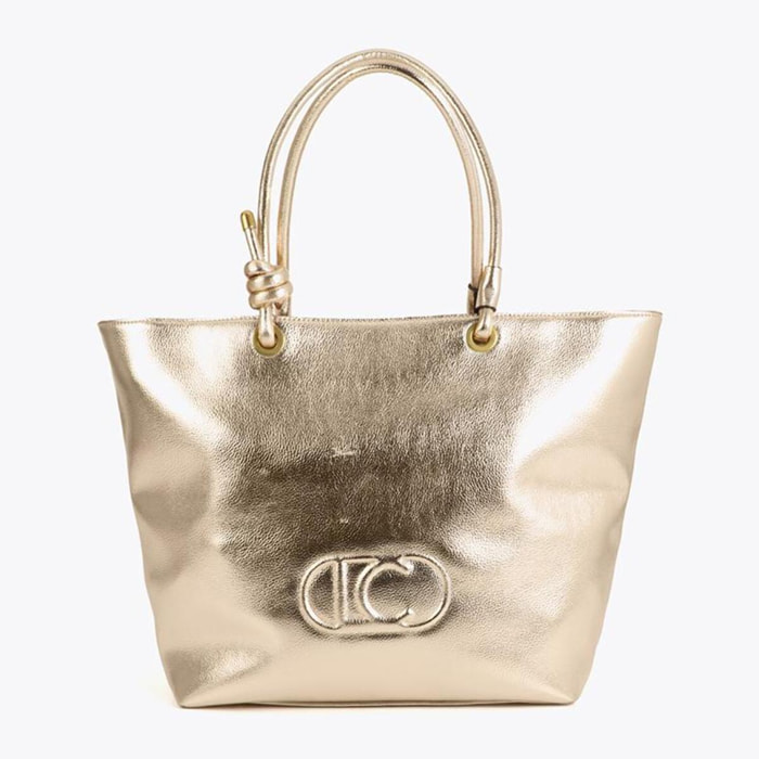 Borsa shopper decostruita color oro con logo ovale in rilievo