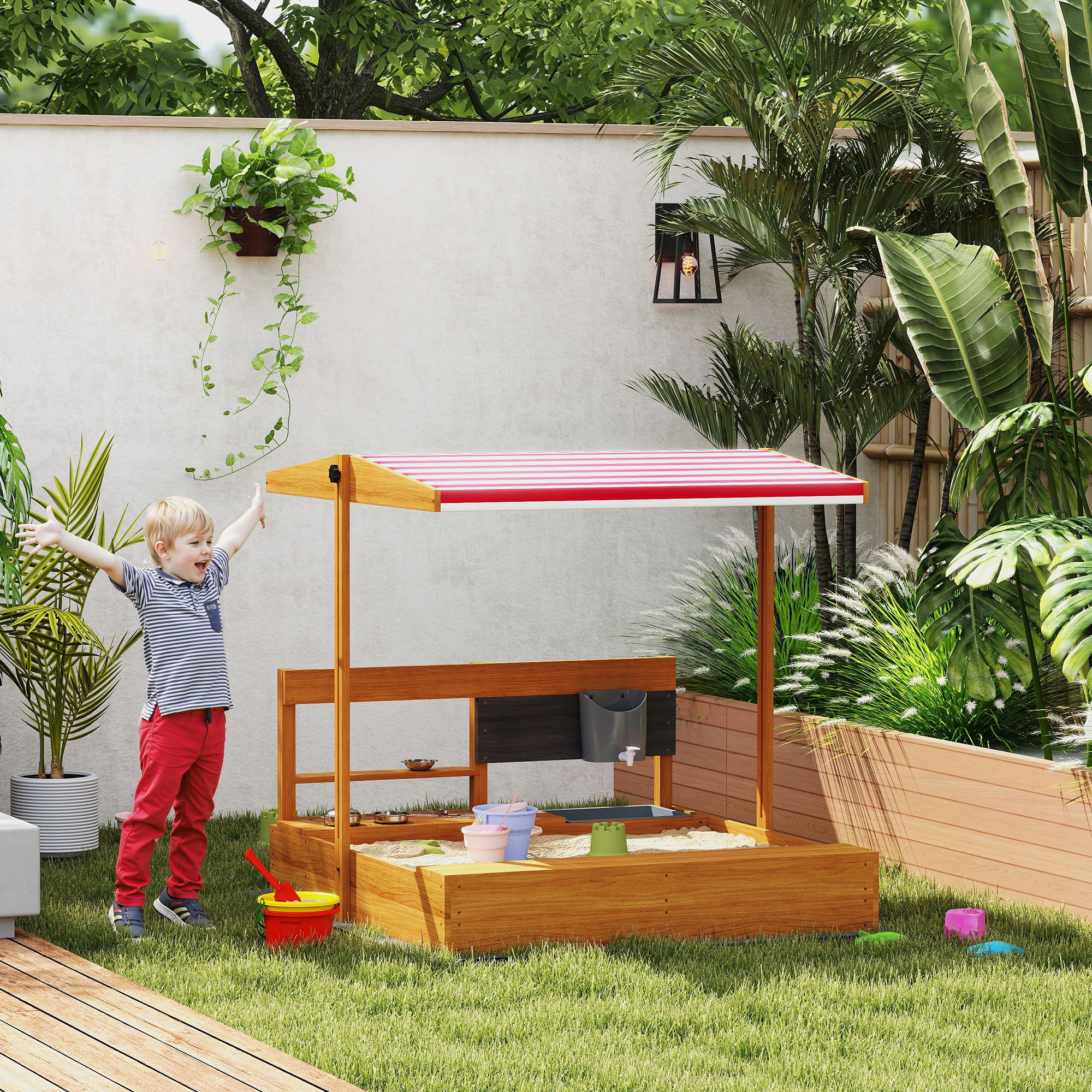 Arenero para Niños de Madera con Techo Ajustable, Arenero Infantil con Juguetes de Cocina, Estante y 2 Asientos, Juego para Niños de 3-7 Años, para Patio, Jardín, 114x110x110 cm, Marrón