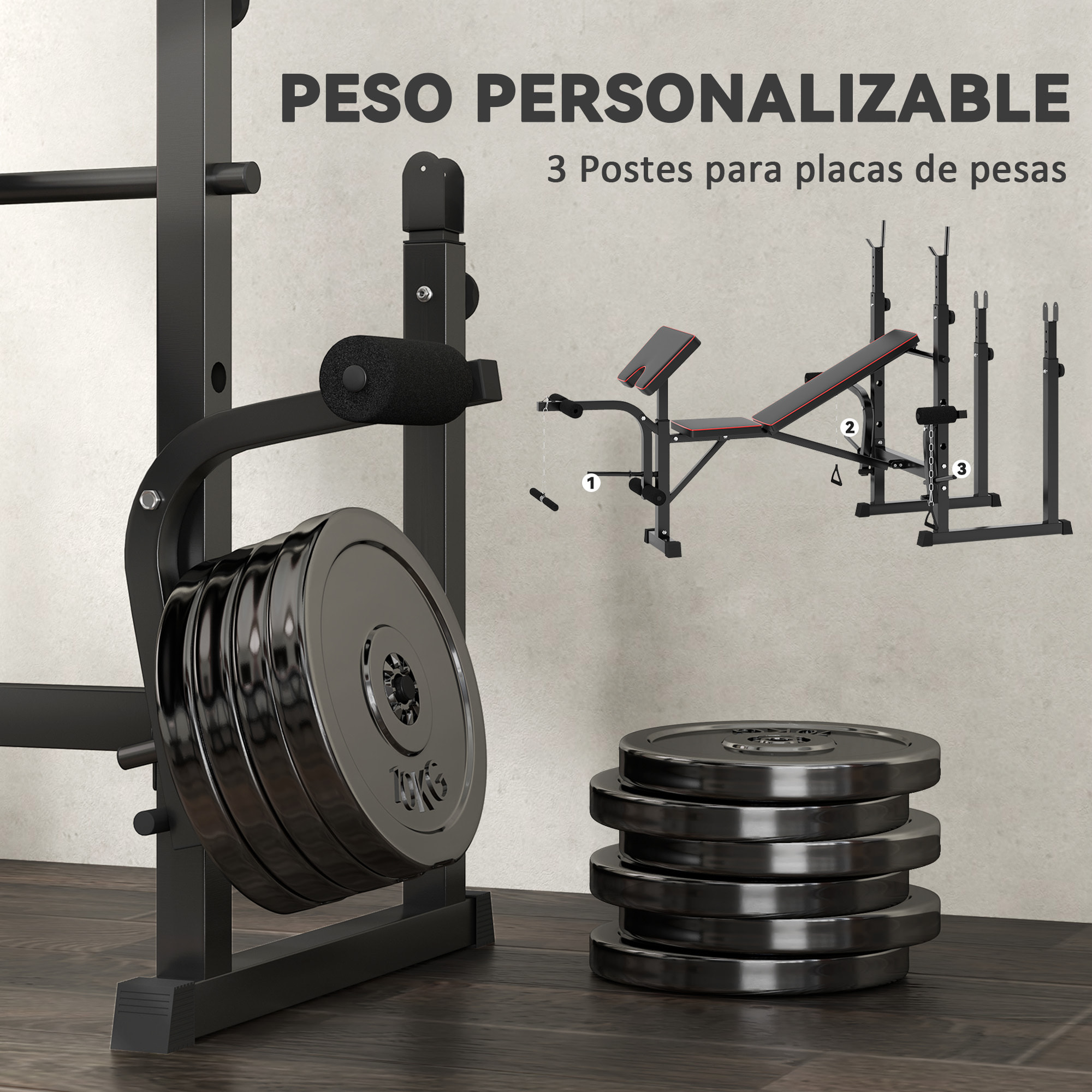 Banco de Musculación Plegable Banco de Pesas con Soportes para Barra Regulables y Respaldo Ajustable para Entrenamiento Completos de Cuerpo en Casa Gimnasio Negro