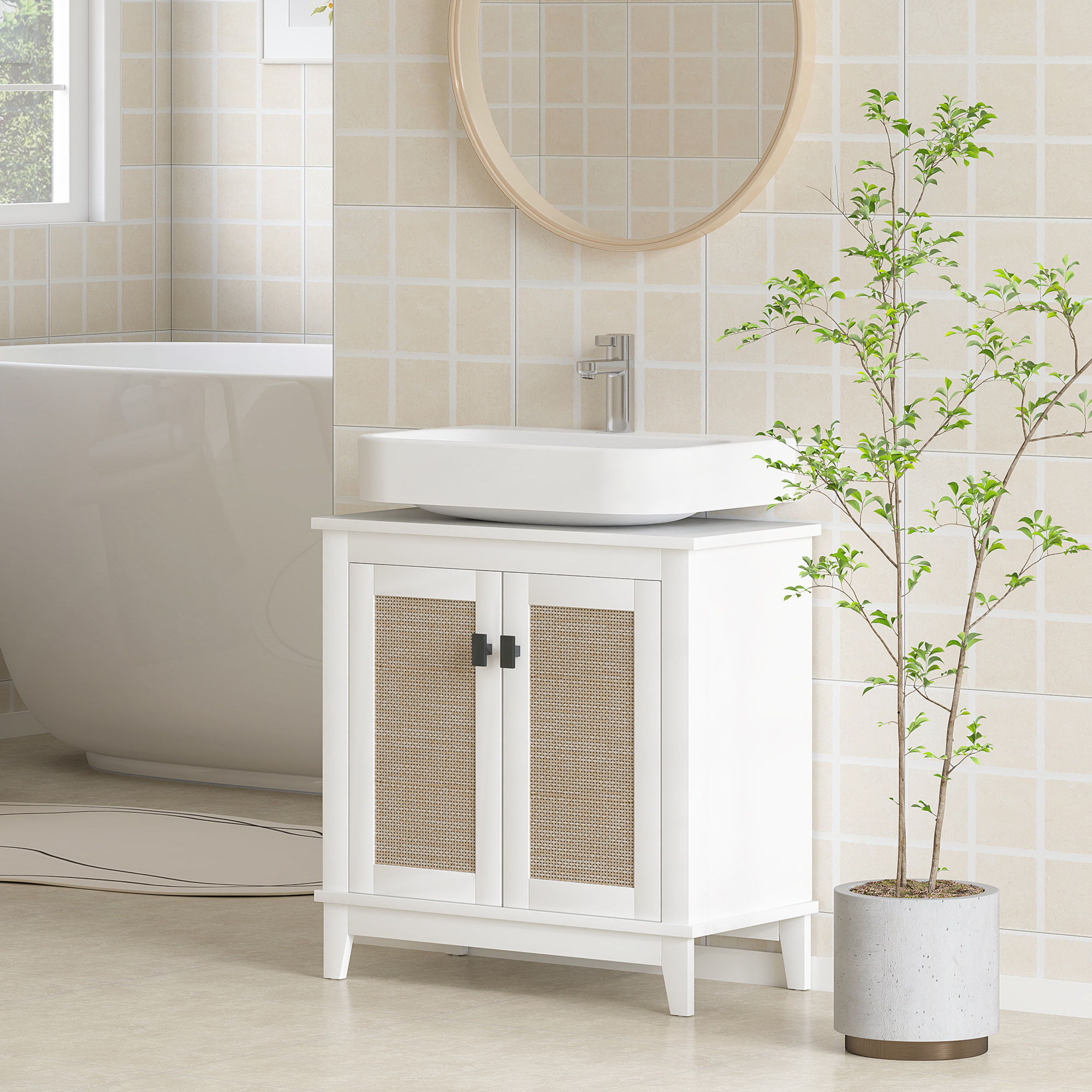 Mueble para Debajo del Lavabo Armario de Baño con Pie con 2 Puertas de Ratán PE 2 Estantes y Sistema Antivuelco para Cuarto Baño 60x30x60 cm Blanco