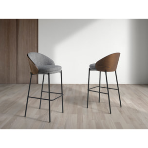 Taburete tapizado en tela gris y respaldo de madera chapada en nogal natural con estructura de patas de acero inoxidable negro 53x51x98cm