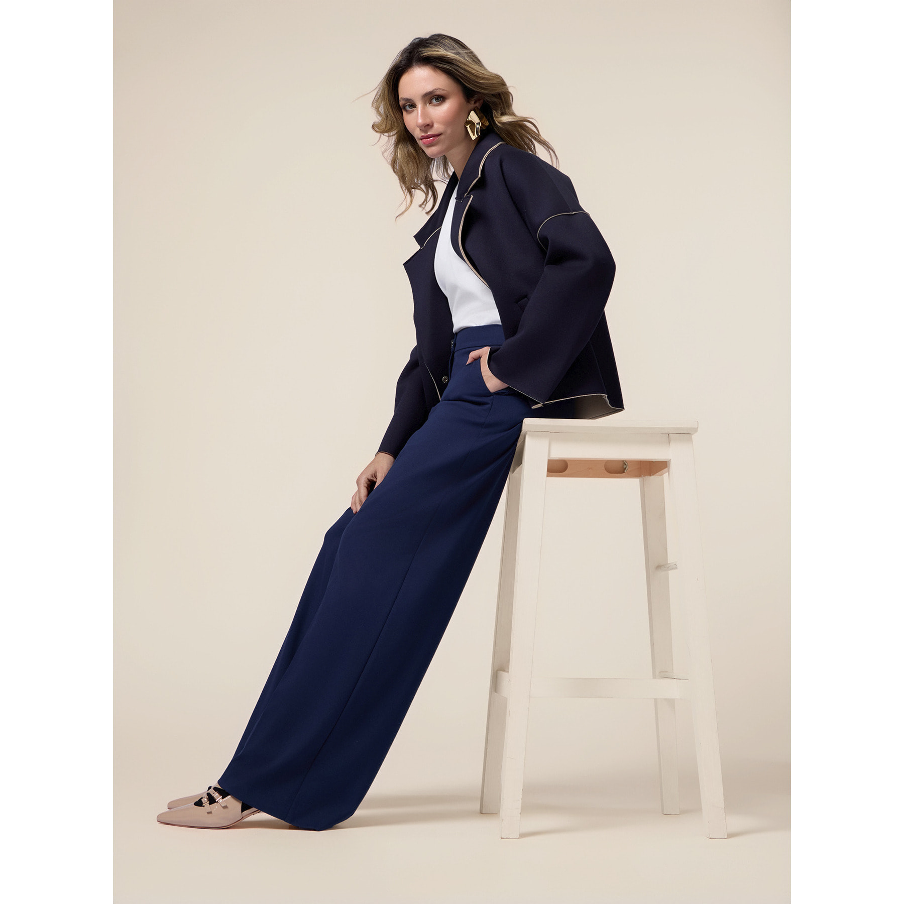 Oltre - Pantaloni palazzo in punto milano - Blu