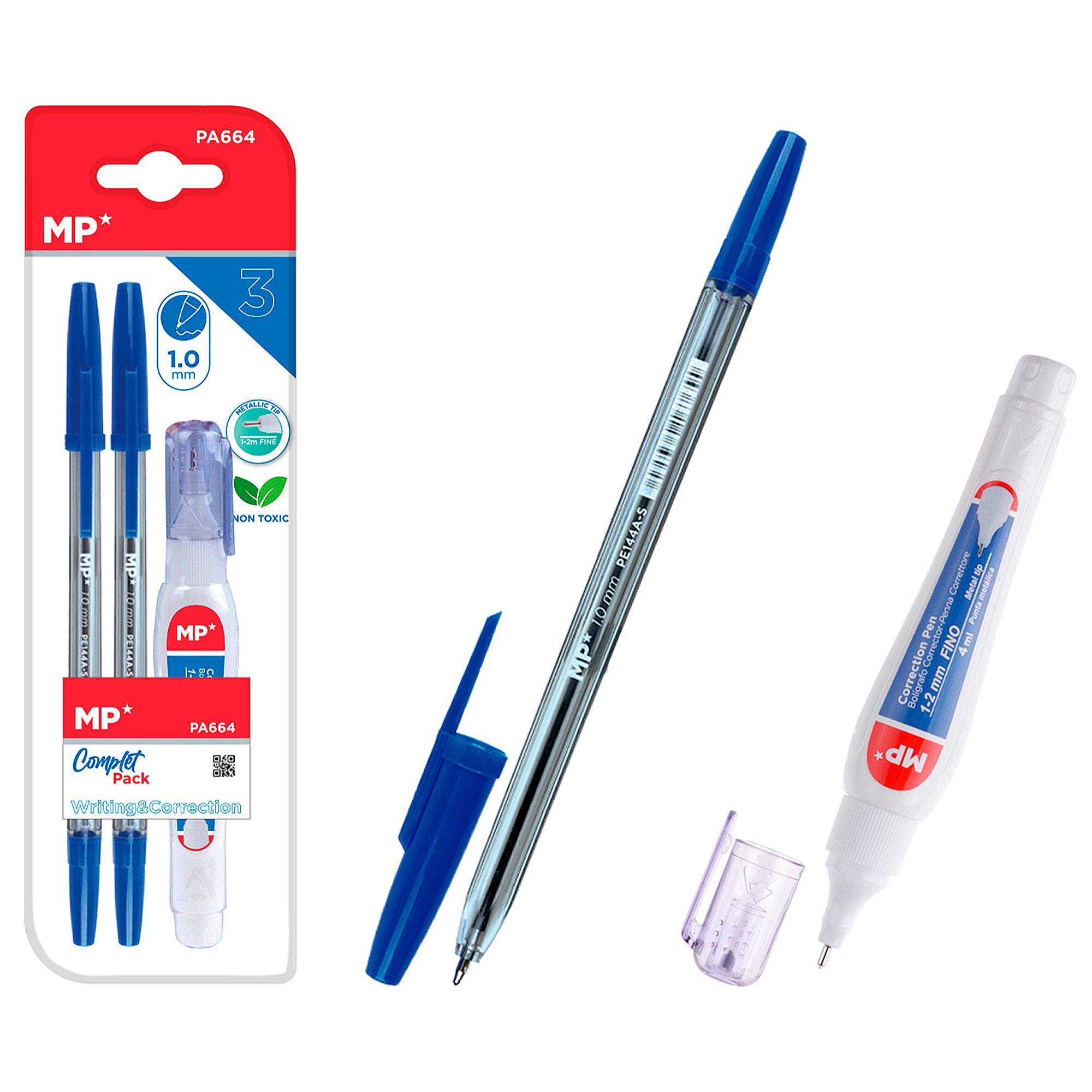 SET DI SCRITTURA: 2 penne blu e 1 correggente liquido tipo penna.