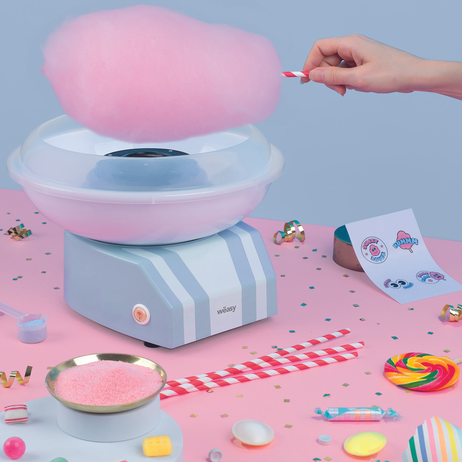 Máquina de algodón de azúcar SWEE32 Wëasy, 1 Cuchara medidora, 10 Conos de Papel, Bol extraíble, 450 W