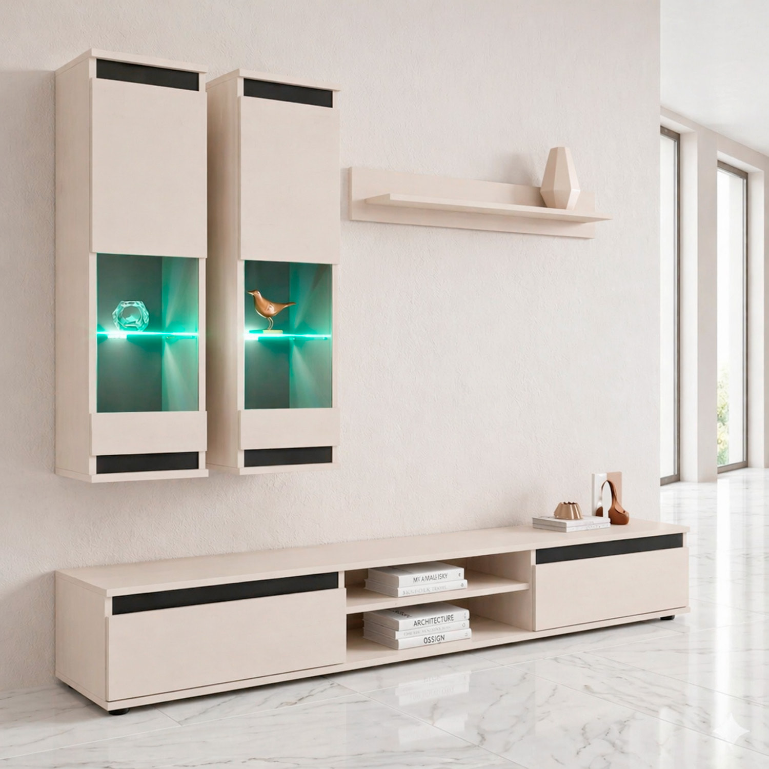 Parete Attrezzata Soggiorno Mobile Tv Vetrine Led Mensola Moderno Living Arredo Contenitore Vani Giorno Resistente 175x 150x 37 Cm Cashmere E Nero