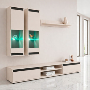 Parete Attrezzata Soggiorno Mobile Tv Vetrine Led Mensola Moderno Living Arredo Contenitore Vani Giorno Resistente 175x 150x 37 Cm Cashmere E Nero
