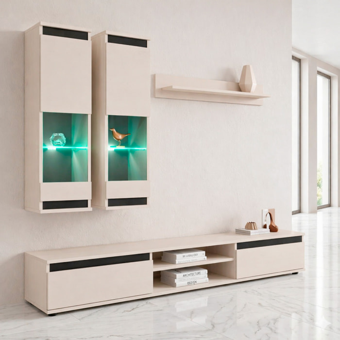 Parete Attrezzata Soggiorno Mobile Tv Vetrine Led Mensola Moderno Living Arredo Contenitore Vani Giorno Resistente 175x 150x 37 Cm Cashmere E Nero