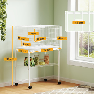 Jaula para Pájaros con Divisor Pajarera con Ruedas 4 Comederos 4 Perchas y Bandeja Extraíble Jaula para Loros Canarios Periquitos 76x46x116 cm Blanco