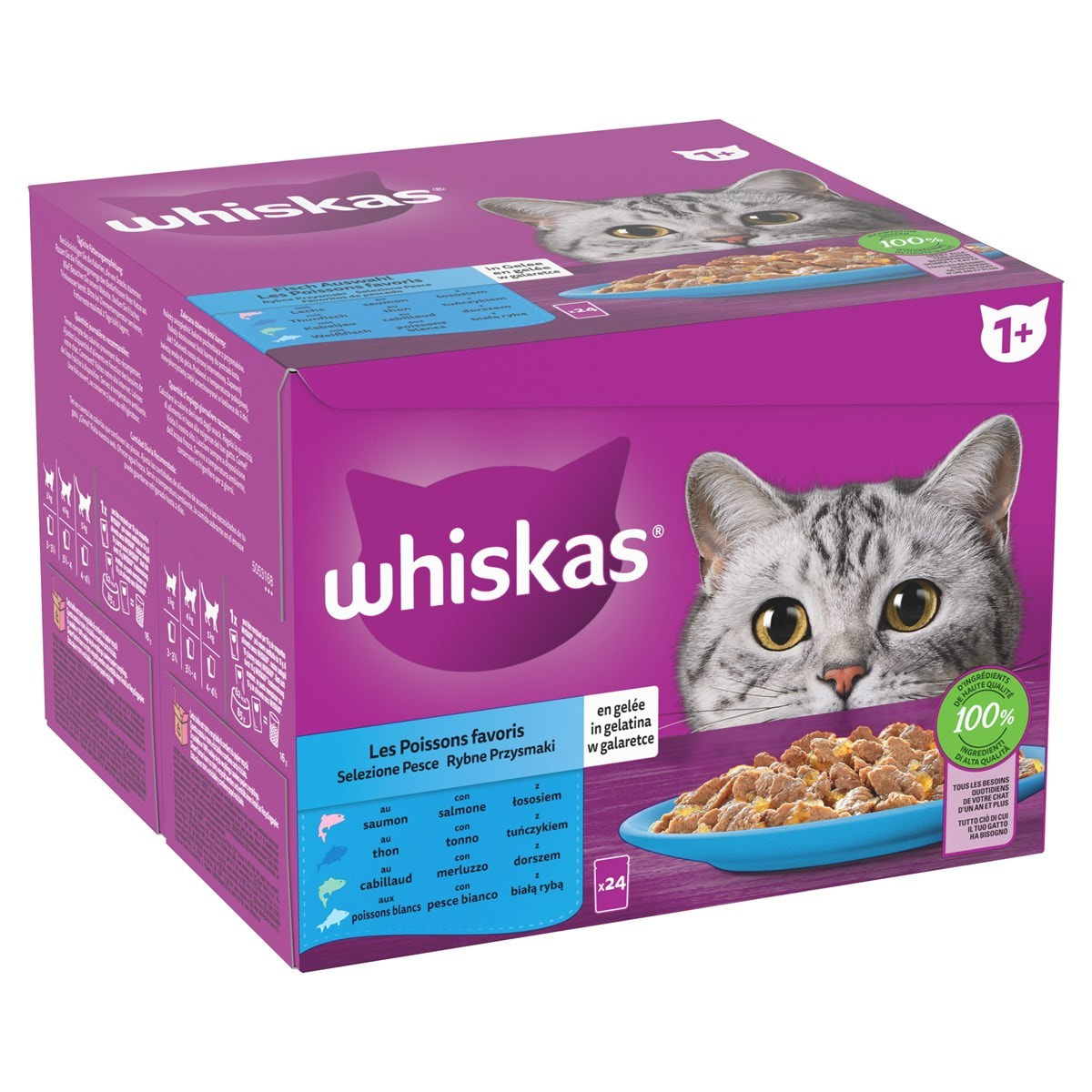 WHISKAS 96 Sachets fraîcheur en gelée 4 variétés poissons pour chat 85g (4x24)