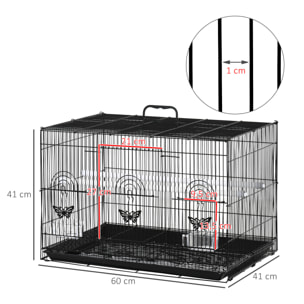 Jaula para Pájaros de Metal 60x41x41 cm con Comederos 2 Perchas 3 Puertas Negro