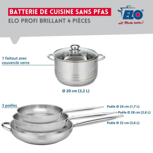 Ensemble de 3 Poêles de cuisson 24, 28 et 32 cm et 1 faitout 20 cm Elo Profi Brillant