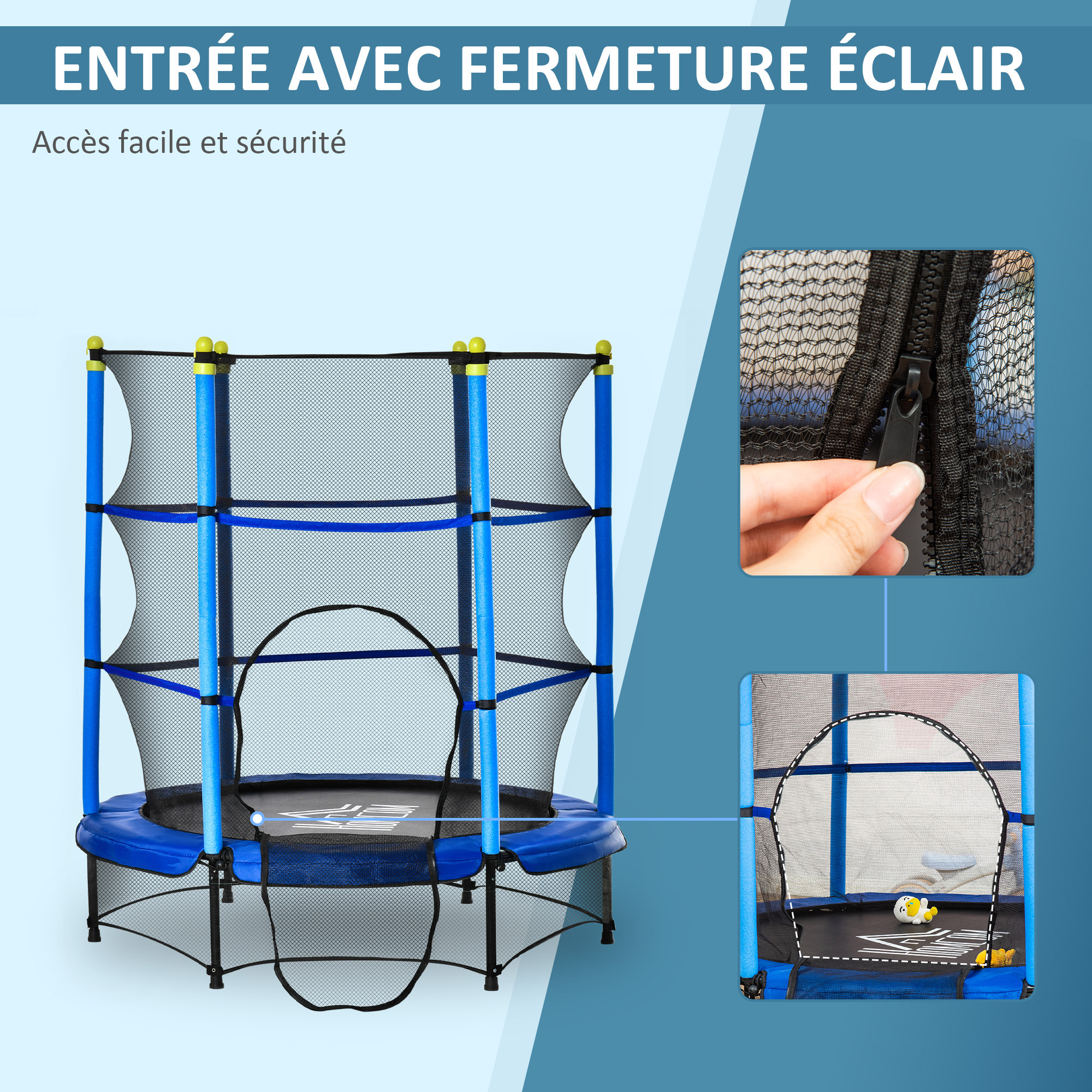 Trampoline enfant Ø 1,40 × 1,60H m filet de sécurité porte zipée couvre-ressorts 6 poteaux rembourrés inclus bleu