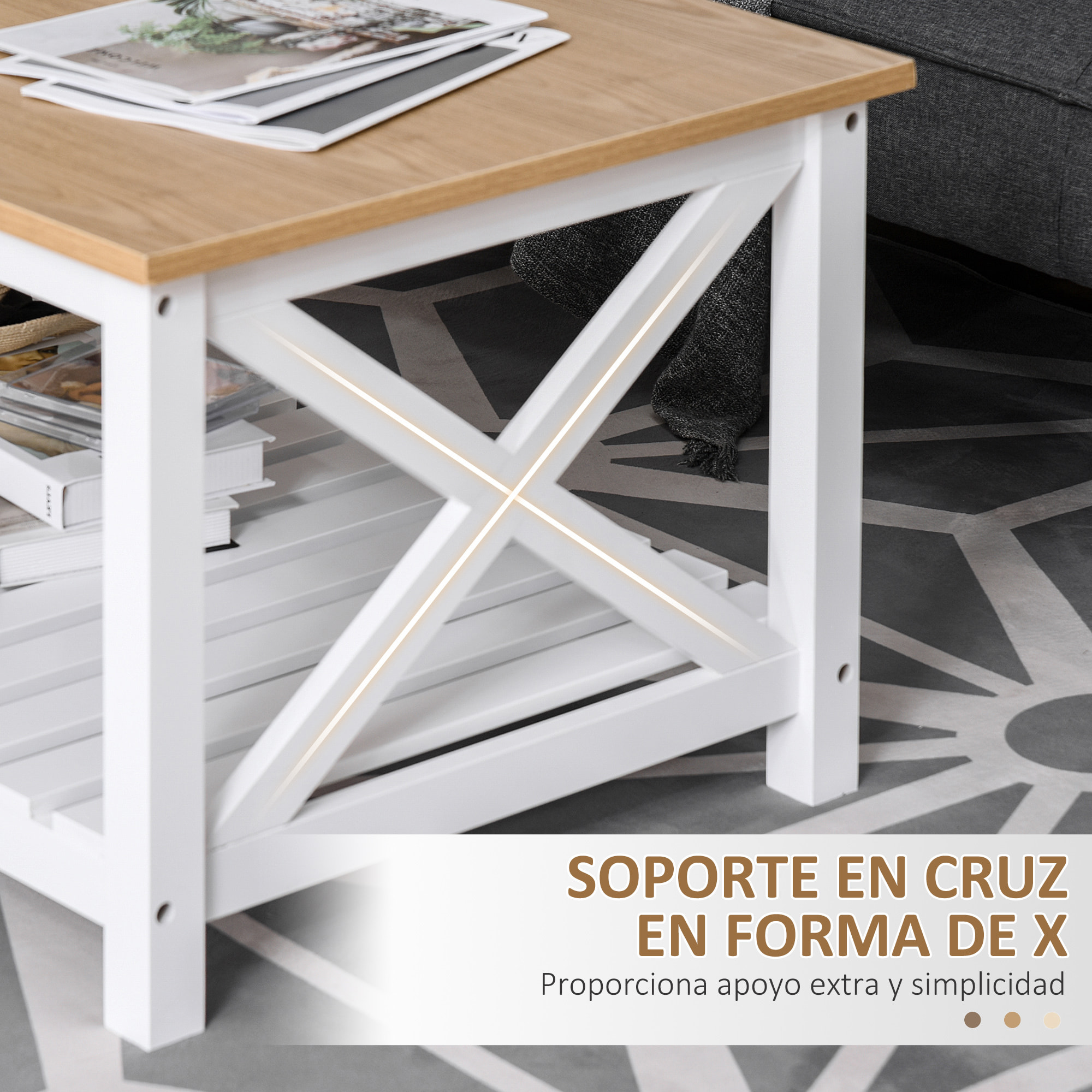 Mesa de Centro para Salón Mesa de Café con Estante de Almacenamiento Inferior para Dormitorio 116x60x48 cm Natural y Blanco