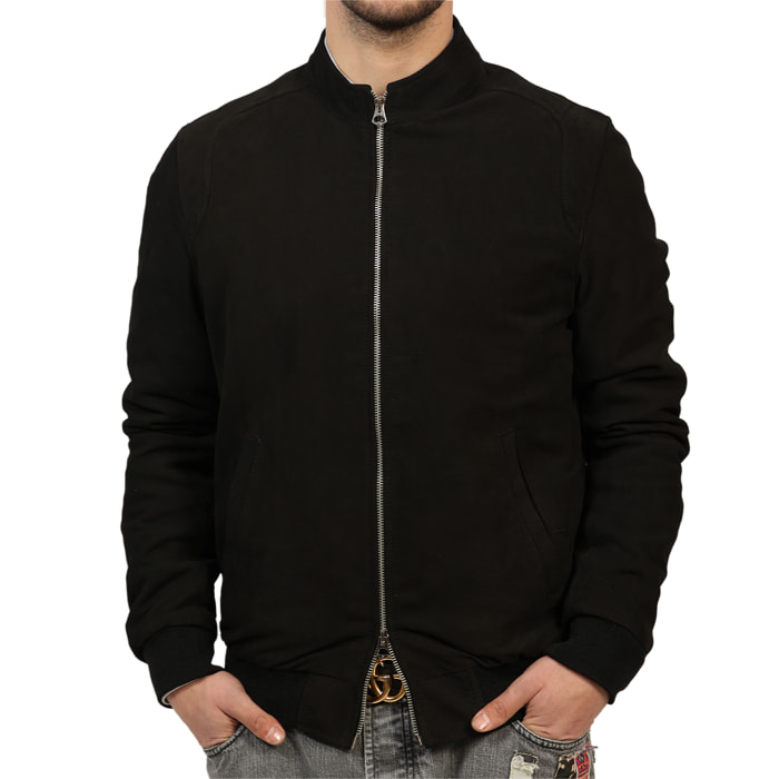 Giubbino in vera pelle di vitello scamosciata Nero-Slim Fit