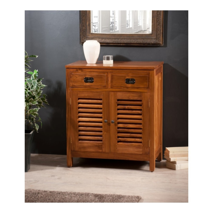API - Bahut marron 2 portes persiennes 2 tiroirs bois Teck