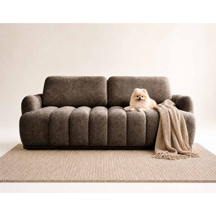 Silvia - Canapé droit 3 places convertible avec coffre - en tissu bouclette - Marron