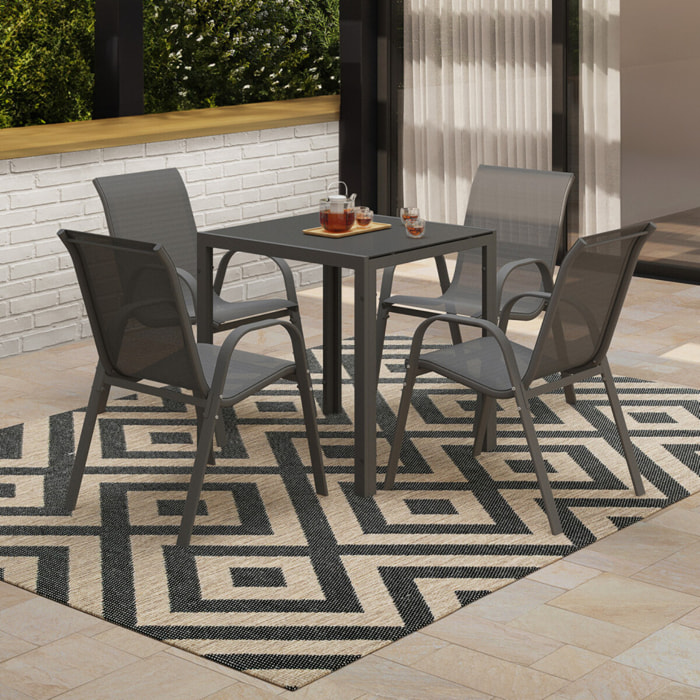 Ensemble repas Minorca 4 places en textilène et verre trempé gris anthracite
