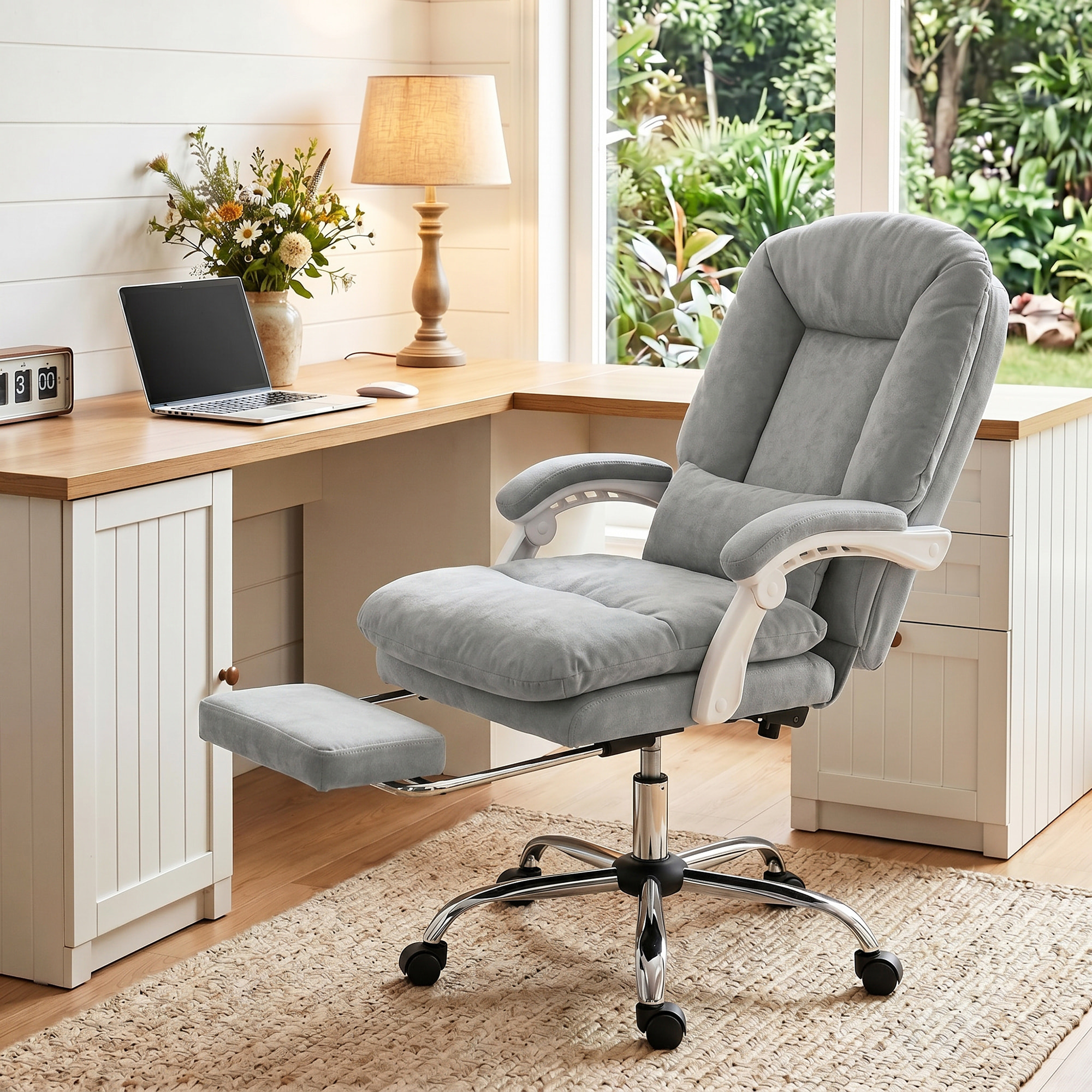 Fauteuil bureau manager inclinable repose-pieds rétractable velours gris clair