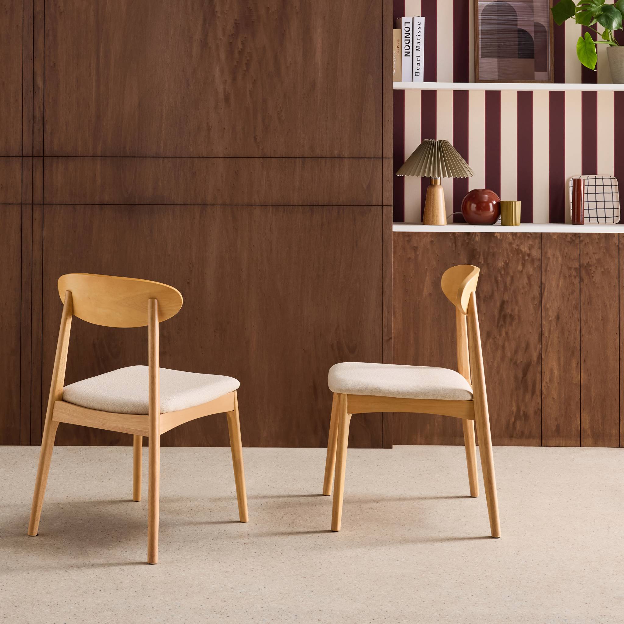Chaise vintage bois d'hévéa naturel et tissu (lot de 2) ARIA