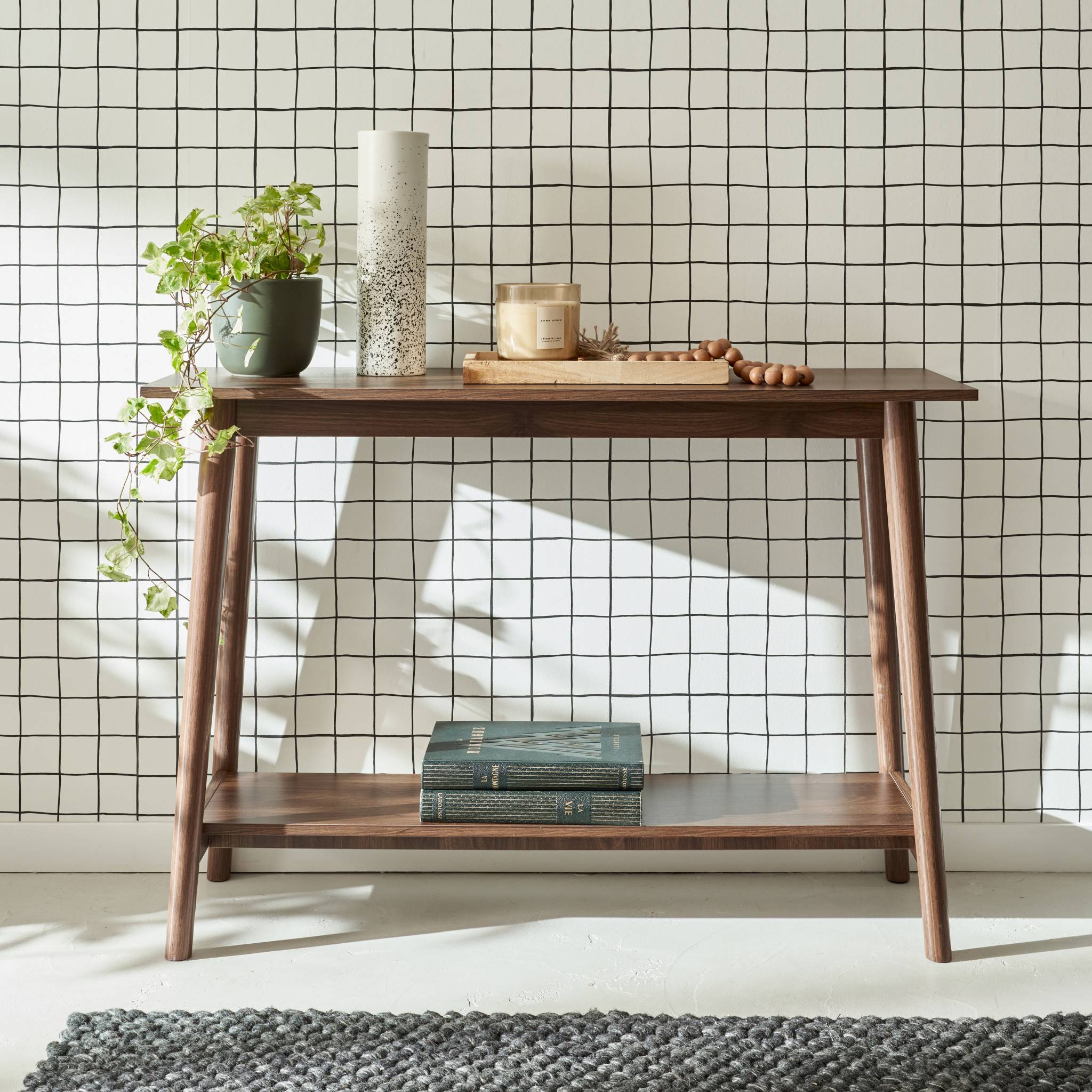 Console scandinave déco bois de noyer. 1 étagère