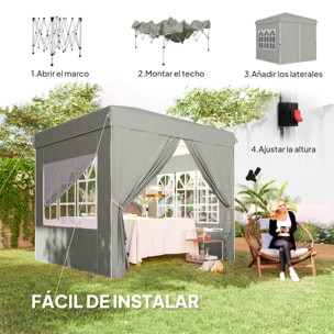 Carpa Plegable 2,5x2,5 m, Pop-up, Cenador Pabellón de Jardín con Altura Ajustable 3 Niveles, 4 Paredes Laterales, Ventanas y Bolsa Transporte, UPF50+, Impermeable para Fiestas, Exterior, Gris