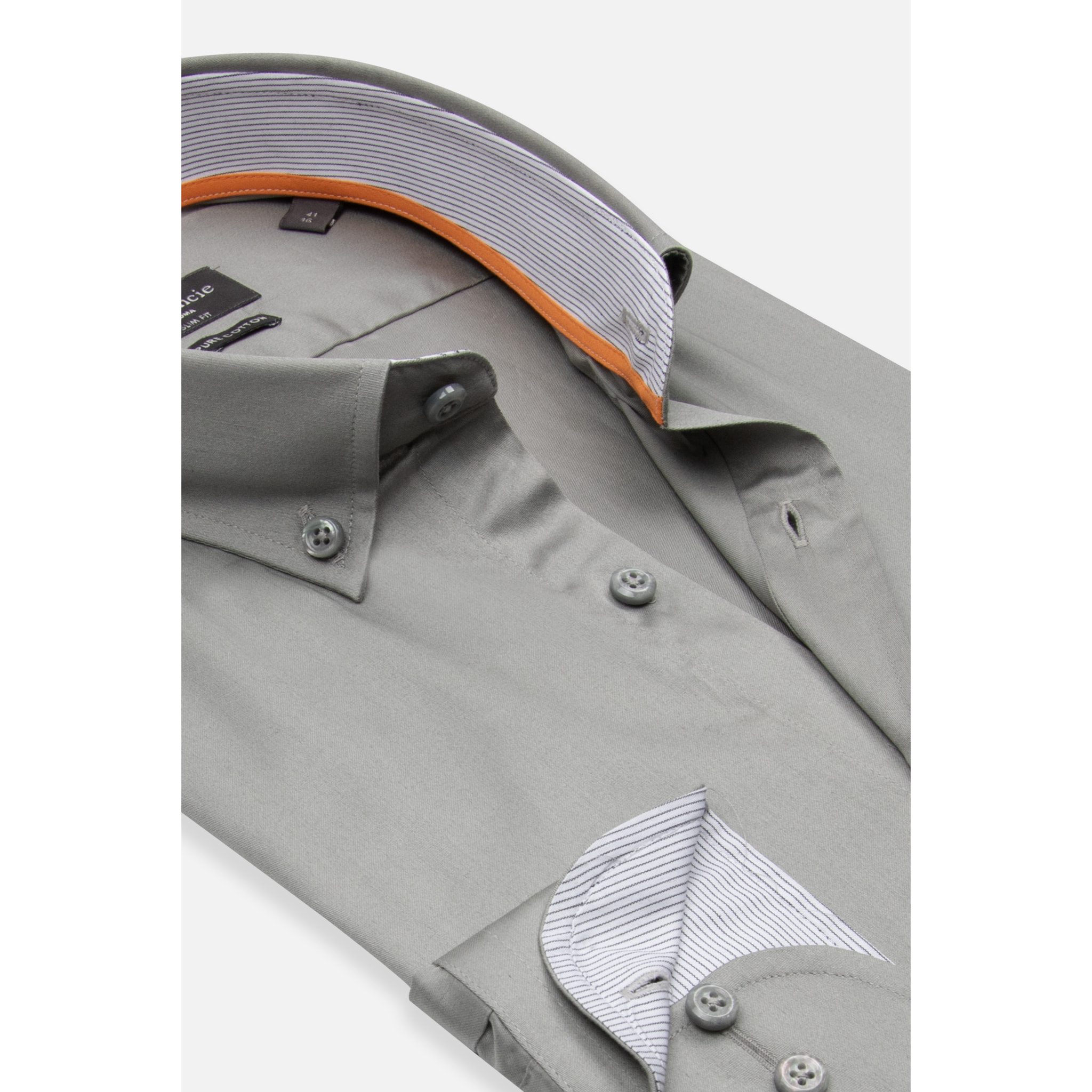 camicia uomo 1 bottone button down slim Satin Unito Grigio Medio