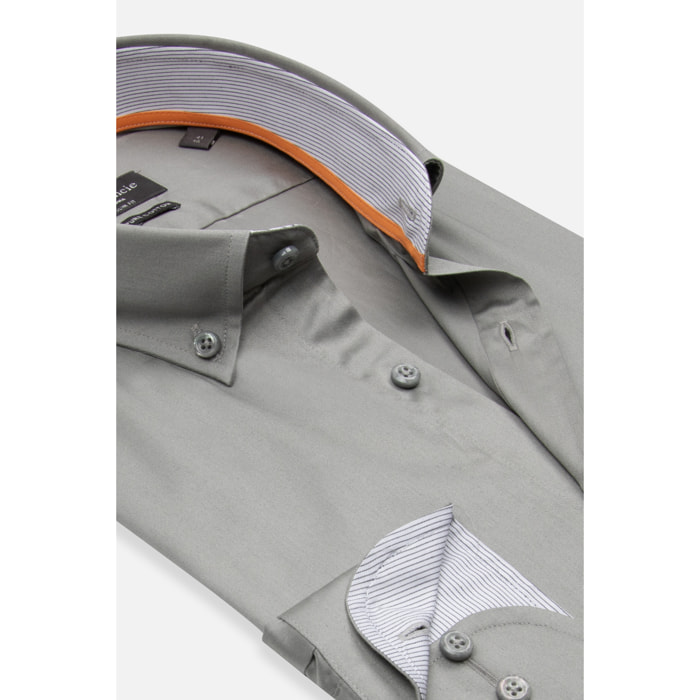 camicia uomo 1 bottone button down slim Satin Unito Grigio Medio