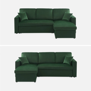 Canapé d'angle convertible en velours vert anglais 3 places. fauteuil d'angle réversible coffre rangement lit modulable